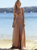 Oasap Solid Deep V Neck Sleeveless Backless High Slit Evening Dress