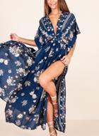 Oasap Fashion Loose Floral Printed Slit Short Sleeve V Neck Maxi Dress