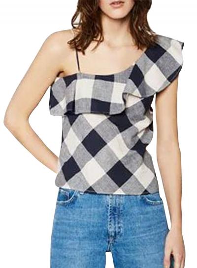Oasap Women Color Block Plaid Flounce Trim Spaghetti Strap Top