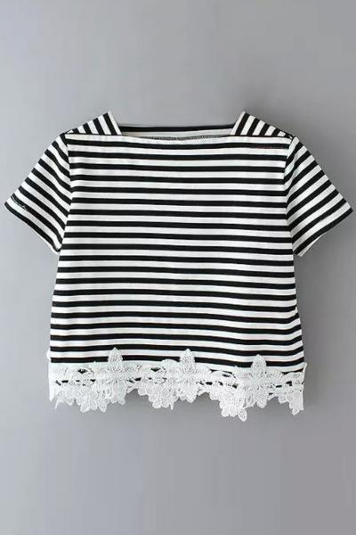 Oasap Sweet Lace Paneled Striped Crop Top Tee
