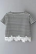 Oasap Sweet Lace Paneled Striped Crop Top Tee