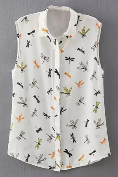 Oasap Cute Dragonfly Print Basic Collar Sleeveless Invisible Button Down Women Shirt