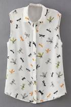 Oasap Cute Dragonfly Print Basic Collar Sleeveless Invisible Button Down Women Shirt