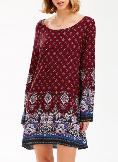 Oasap Fashion Long Sleeve Mixed Print Pullover Peasant Dress