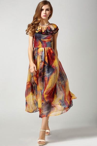 Oasap Fluid Hued Print Chiffon Midi Swing Dress