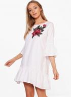 Oasap 3/4 Sleeve Floral Embroidery Ruffle Loose Dress