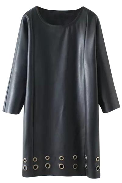 Oasap Faux Leather Three Quarter Sleeve Keyhole Mini Dress