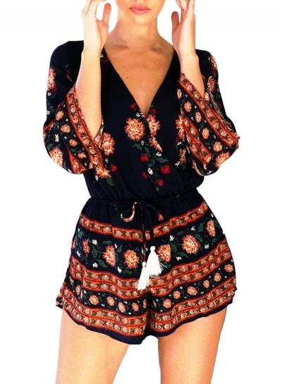 Oasap Women's Floral Print Deep V Drawstring Waist Romper
