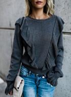 Oasap Casual Round Neck Flounce Panel Long Sleeve Knit Tee Shirt