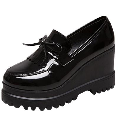 Oasap Round Toe Wedge Heels Fringed Slip On Loafer Shoes