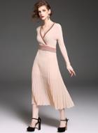 Oasap Fashion V Neck Long Sleeve Maxi Pleated Dress