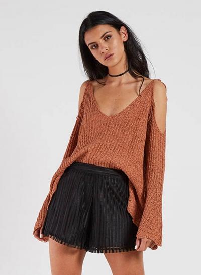 Oasap Solid Color V Neck Off Shoulder Flare Sleeve Sweater