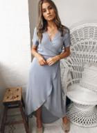 Oasap Fashion Sexy Pure Color Irregular Short Sleeve V Neck Midi Dress