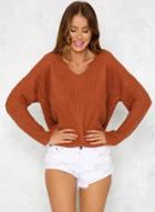 Oasap V Neck Lace Up Back Knitted Pullover Sweater