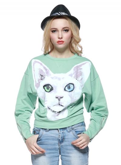 Oasap Women's Cat Graphic Zip Sleeve Pullover Sweatshirt