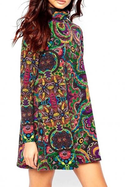 Oasap National Wind Print Mock Neck Trapeze Dress