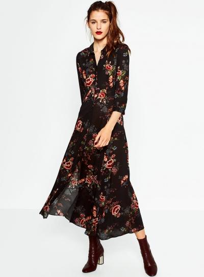 Oasap Vintage Ethnic Floral Print Three Quarter Length Sleeve Maxi Dress