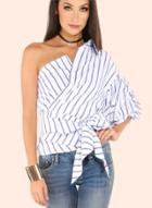 Oasap Striped Off Shoulder One Sleeve Bow Tie Blouse