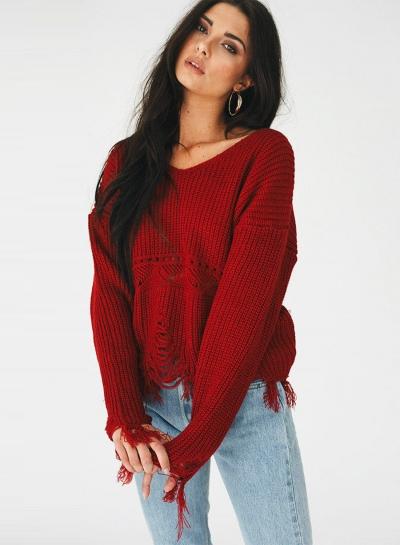 Oasap Fashion V Neck Ripped Loose Sweater