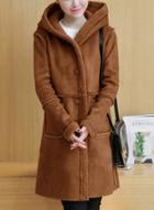 Oasap Suede Fabric Hooded Solid Color Single Breasted Coat