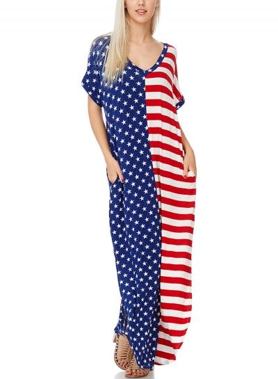 Oasap Loose The Stars And Stripes V-neck Pocket Women Maxi Dress