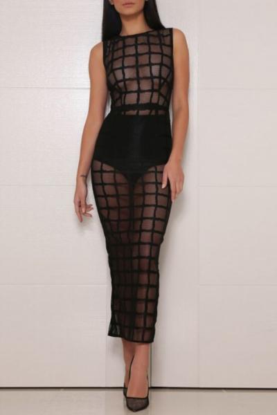 Oasap Chic Mesh Sheer Plaid Black Body-con Dress