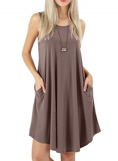 Oasap Casual Solid Loose Sleeveless Round Neck Vest Dress With Pockets