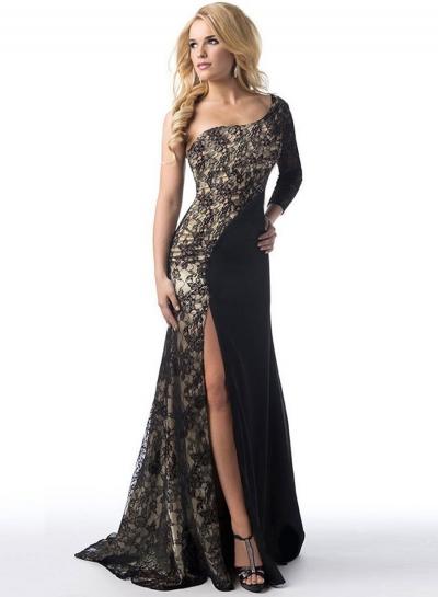 Oasap One Shoulder Long Sleeve Lace Slit Maxi Prom Dress