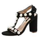 Oasap Hollow Out Block Heels Sandals With Pearls