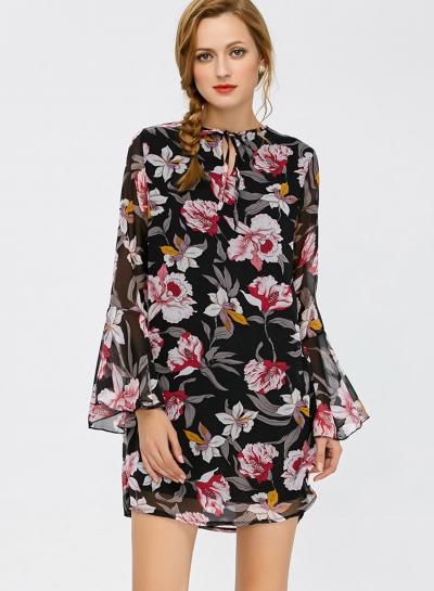 Oasap Flare Sleeve Floral Printed Chiffon Dress