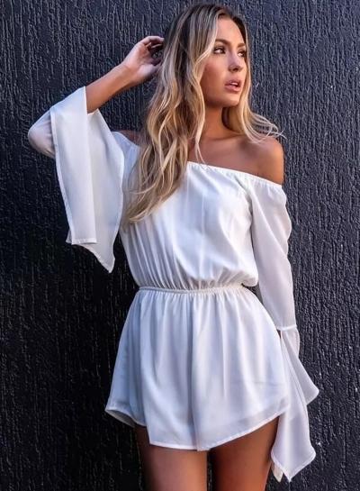 Oasap Off Shoulder Flare Sleeve Solid Romper