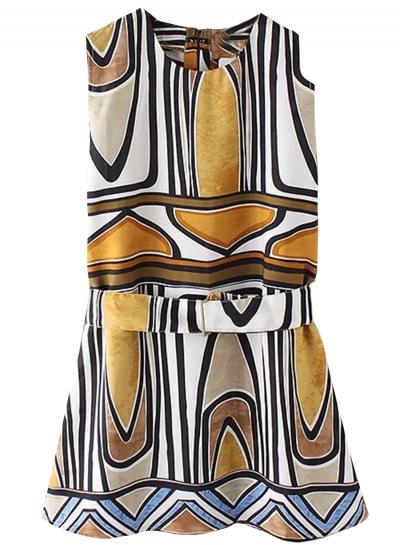 Oasap Women's Color Block Geometric Print Belted Mini Dress