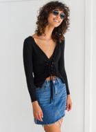 Oasap Deep V Neck Long Sleeve Lace-up Slim Fit Tee Shirt