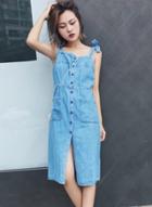 Oasap Self Tie Shoulder Single Breasted Denim Dress