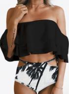 Oasap Fashion Ruffle Top Palm Tree Bottom Swimwear