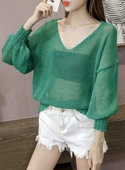 Oasap V Neck Lantern Sleeve Solid Loose Fit Sweater