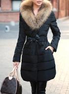 Oasap Furry Collar Long Sleeve Down Coat With Belt