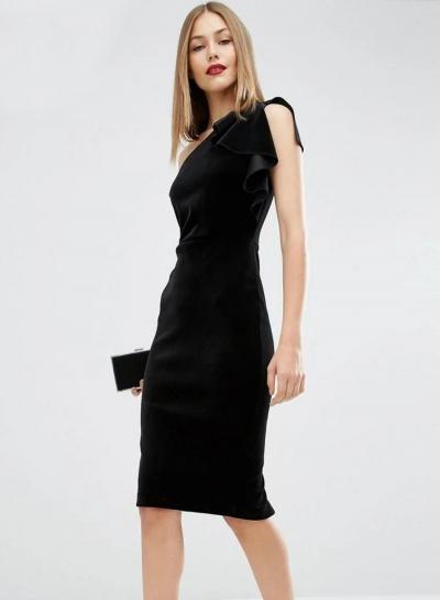 Oasap Fashion Velvet Flounce Trim One Shoulder Bodycon Dress