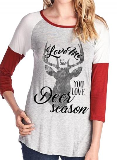 Oasap Christmas 3/4 Sleeve Color Block Pullover Tee