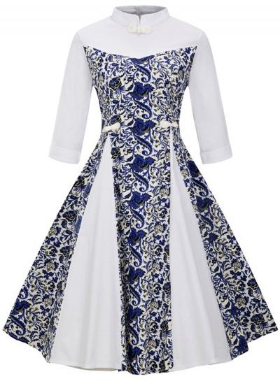 Oasap Vintage 3/4 Sleeve Flower A-line Swing Dress