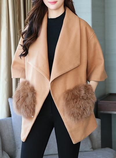 Oasap Solid Color Faux Fur Splicing Cloak Coat