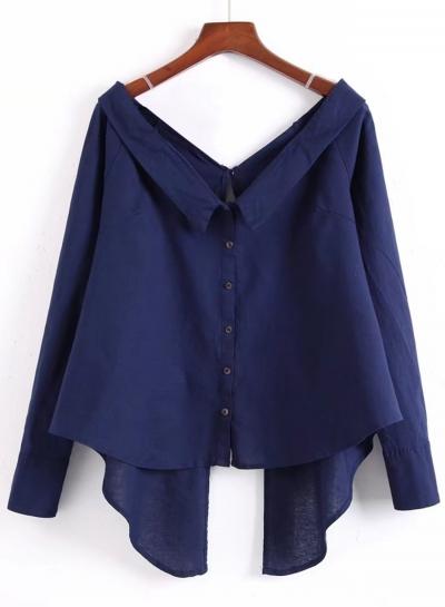 Oasap V Neck Long Sleeve Button Down Solid Shirt