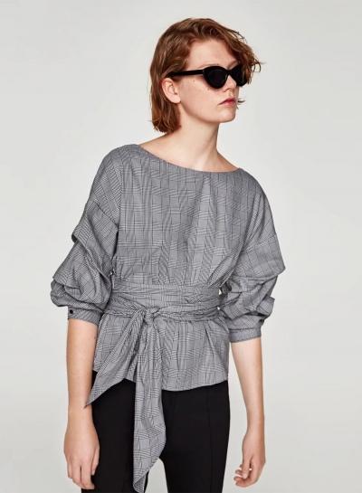 Oasap Fashion Tie Waist Plaid Blouse