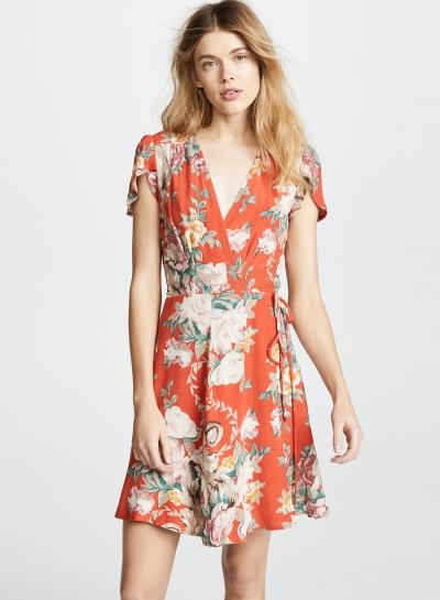 Oasap Fashion Floral Printed Lace-up Short Sleeve V Neck A-line Women Midi Dress