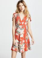 Oasap Fashion Floral Printed Lace-up Short Sleeve V Neck A-line Women Midi Dress