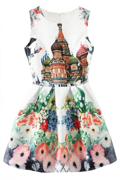Oasap Antique Castle Print Floral Sleeveless Mini Dress