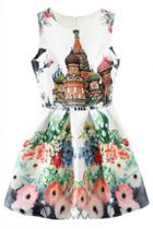Oasap Antique Castle Print Floral Sleeveless Mini Dress