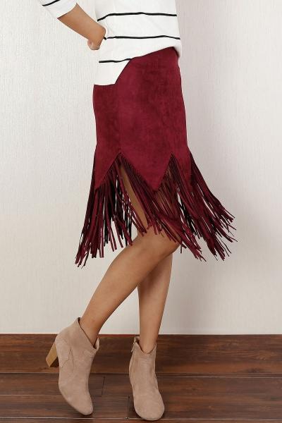 Oasap Fashion Faux Suede Asymmetrical Tassel Skirt