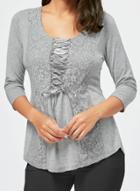 Oasap Round Neck 3/4 Sleeve Lace Panel Lace Up Tee Shirt