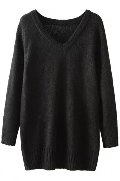 Oasap Solid Long V Neckline Pullover Knit Sweater